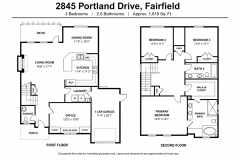 Floor plan for 3 beds, 2.5 baths, 1819 sqft